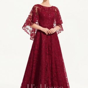 Formal & Evening | A-line Scoop Floor-Length Sequin Lace Evening Dress Burgundy – Womens