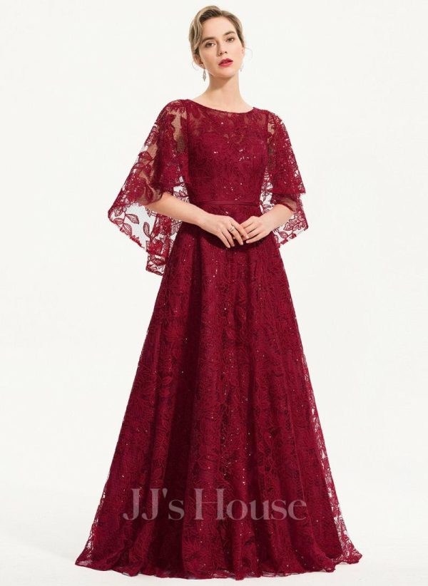 Formal & Evening | A-line Scoop Floor-Length Sequin Lace Evening Dress Burgundy – Womens