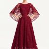 Formal & Evening | A-line Scoop Floor-Length Sequin Lace Evening Dress Burgundy – Womens