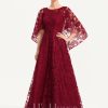 Formal & Evening | A-line Scoop Floor-Length Sequin Lace Evening Dress Burgundy – Womens