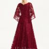 Formal & Evening | A-line Scoop Floor-Length Sequin Lace Evening Dress Burgundy – Womens