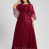 Formal & Evening | A-line Scoop Floor-Length Sequin Lace Evening Dress Burgundy – Womens