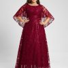 Formal & Evening | A-line Scoop Floor-Length Sequin Lace Evening Dress Burgundy – Womens