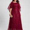 Formal & Evening | A-line Scoop Floor-Length Sequin Lace Evening Dress Burgundy – Womens