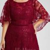 Formal & Evening | A-line Scoop Floor-Length Sequin Lace Evening Dress Burgundy – Womens