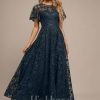 Formal & Evening | A-line Scoop Illusion Ankle-Length Lace Evening Dress With Sequins Dark Navy – Womens