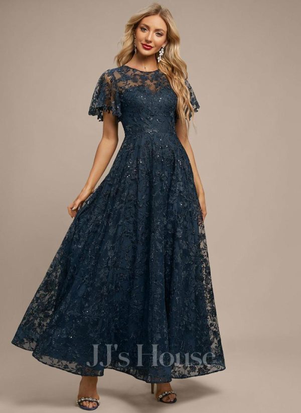 Formal & Evening | A-line Scoop Illusion Ankle-Length Lace Evening Dress With Sequins Dark Navy – Womens