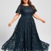 Formal & Evening | A-line Scoop Illusion Ankle-Length Lace Evening Dress With Sequins Dark Navy – Womens