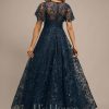 Formal & Evening | A-line Scoop Illusion Ankle-Length Lace Evening Dress With Sequins Dark Navy – Womens