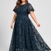 Formal & Evening | A-line Scoop Illusion Ankle-Length Lace Evening Dress With Sequins Dark Navy – Womens