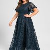 Formal & Evening | A-line Scoop Illusion Ankle-Length Lace Evening Dress With Sequins Dark Navy – Womens