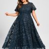 Formal & Evening | A-line Scoop Illusion Ankle-Length Lace Evening Dress With Sequins Dark Navy – Womens