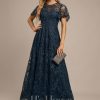 Formal & Evening | A-line Scoop Illusion Ankle-Length Lace Evening Dress With Sequins Dark Navy – Womens