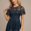 Formal & Evening | A-line Scoop Illusion Ankle-Length Lace Evening Dress With Sequins Dark Navy – Womens