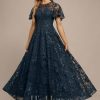 Formal & Evening | A-line Scoop Illusion Ankle-Length Lace Evening Dress With Sequins Dark Navy – Womens