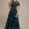 Formal & Evening | A-line Scoop Illusion Ankle-Length Lace Evening Dress With Sequins Dark Navy – Womens