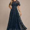 Formal & Evening | A-line Scoop Illusion Ankle-Length Lace Evening Dress With Sequins Dark Navy – Womens