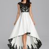 Formal & Evening | A-line Scoop Illusion Asymmetrical Satin Lace Evening Dress Ivory – Womens