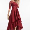 Formal & Evening | A-line Scoop Illusion Asymmetrical Satin Lace Evening Dress With Sequins Burgundy – Womens