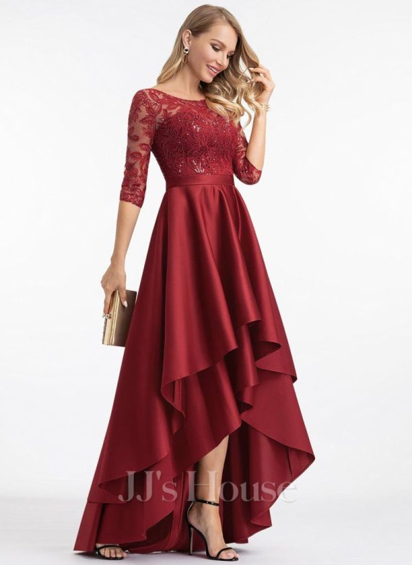 Formal & Evening | A-line Scoop Illusion Asymmetrical Satin Lace Evening Dress With Sequins Burgundy – Womens