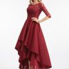 Formal & Evening | A-line Scoop Illusion Asymmetrical Satin Lace Evening Dress With Sequins Burgundy – Womens