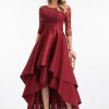 Formal & Evening | A-line Scoop Illusion Asymmetrical Satin Lace Evening Dress With Sequins Burgundy – Womens