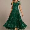 Formal & Evening | A-line Scoop Illusion Asymmetrical Sequin Lace Evening Dress Dark Green – Womens