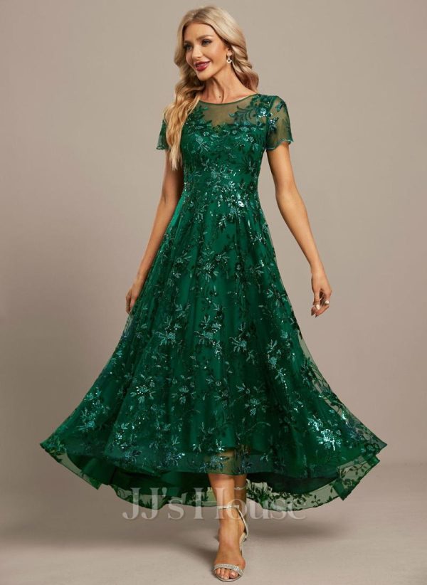 Formal & Evening | A-line Scoop Illusion Asymmetrical Sequin Lace Evening Dress Dark Green – Womens