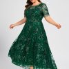 Formal & Evening | A-line Scoop Illusion Asymmetrical Sequin Lace Evening Dress Dark Green – Womens