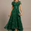 Formal & Evening | A-line Scoop Illusion Asymmetrical Sequin Lace Evening Dress Dark Green – Womens