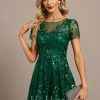 Formal & Evening | A-line Scoop Illusion Asymmetrical Sequin Lace Evening Dress Dark Green – Womens