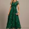 Formal & Evening | A-line Scoop Illusion Asymmetrical Sequin Lace Evening Dress Dark Green – Womens