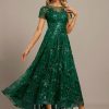 Formal & Evening | A-line Scoop Illusion Asymmetrical Sequin Lace Evening Dress Dark Green – Womens