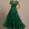 Formal & Evening | A-line Scoop Illusion Asymmetrical Sequin Lace Evening Dress Dark Green – Womens