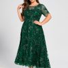 Formal & Evening | A-line Scoop Illusion Asymmetrical Sequin Lace Evening Dress Dark Green – Womens