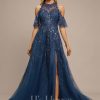 Formal & Evening | A-line Scoop Illusion Cold Shoulder Floor-Length Tulle Sequin Lace Evening Dress Navy Blue – Womens