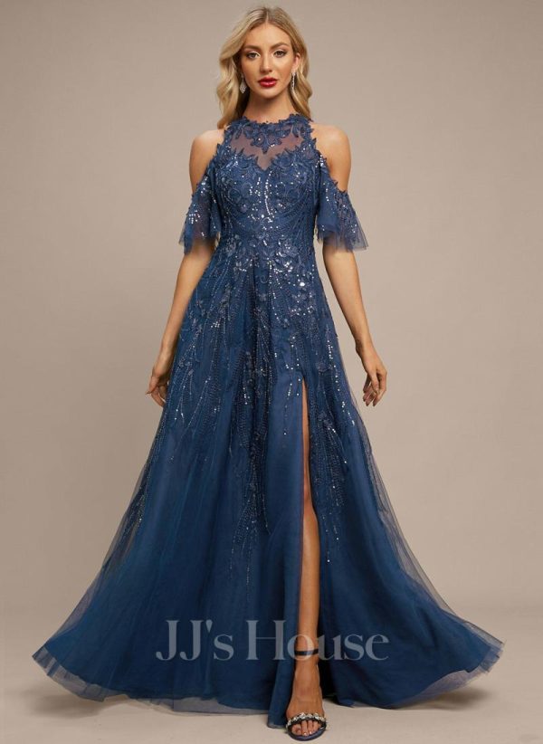 Formal & Evening | A-line Scoop Illusion Cold Shoulder Floor-Length Tulle Sequin Lace Evening Dress Navy Blue – Womens