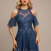 Formal & Evening | A-line Scoop Illusion Cold Shoulder Floor-Length Tulle Sequin Lace Evening Dress Navy Blue – Womens