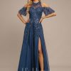 Formal & Evening | A-line Scoop Illusion Cold Shoulder Floor-Length Tulle Sequin Lace Evening Dress Navy Blue – Womens