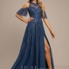 Formal & Evening | A-line Scoop Illusion Cold Shoulder Floor-Length Tulle Sequin Lace Evening Dress Navy Blue – Womens