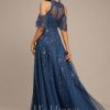 Formal & Evening | A-line Scoop Illusion Cold Shoulder Floor-Length Tulle Sequin Lace Evening Dress Navy Blue – Womens