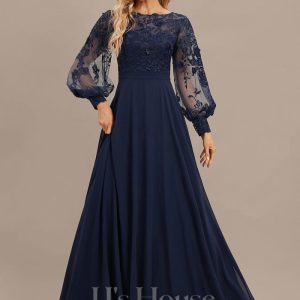 Formal & Evening | A-line Scoop Illusion Floor-Length Lace Chiffon Evening Dress As Picture – Womens