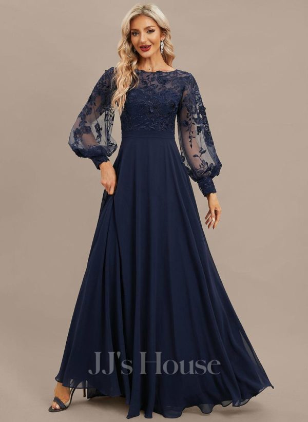 Formal & Evening | A-line Scoop Illusion Floor-Length Lace Chiffon Evening Dress As Picture – Womens