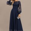 Formal & Evening | A-line Scoop Illusion Floor-Length Lace Chiffon Evening Dress As Picture – Womens