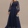 Formal & Evening | A-line Scoop Illusion Floor-Length Lace Chiffon Evening Dress As Picture – Womens