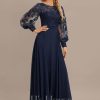 Formal & Evening | A-line Scoop Illusion Floor-Length Lace Chiffon Evening Dress As Picture – Womens