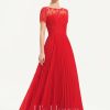 Formal & Evening | A-line Scoop Illusion Floor-Length Lace Chiffon Evening Dress With Pleated Red – Womens