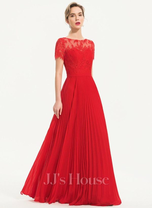 Formal & Evening | A-line Scoop Illusion Floor-Length Lace Chiffon Evening Dress With Pleated Red – Womens