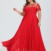 Formal & Evening | A-line Scoop Illusion Floor-Length Lace Chiffon Evening Dress With Pleated Red – Womens