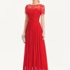 Formal & Evening | A-line Scoop Illusion Floor-Length Lace Chiffon Evening Dress With Pleated Red – Womens